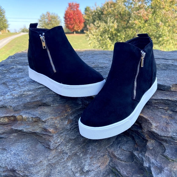 Soda Shoes - Soda **Black** Suede Bootie Wedge Shoe